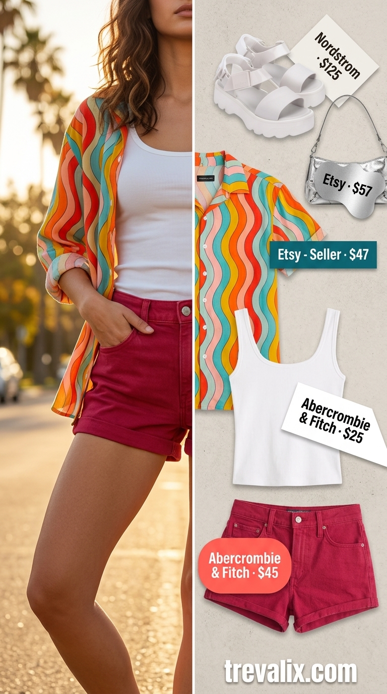 Playful Retro Short Outfits for Women 2026 Retro denim shorts outfit for women 2026: bold look with printed shirt, platform sandals, and mini bag.