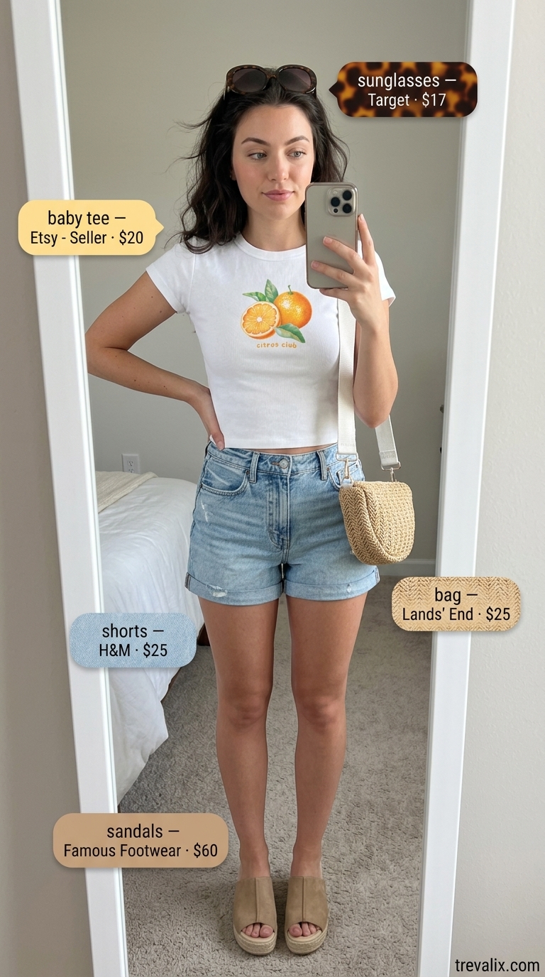 Retro Beach Babe Outfit 2026: Denim Shorts Style Short outfits summer for women 2026: Retro denim shorts, graphic tee, platform sandals, oversized sunglasses for beach day.