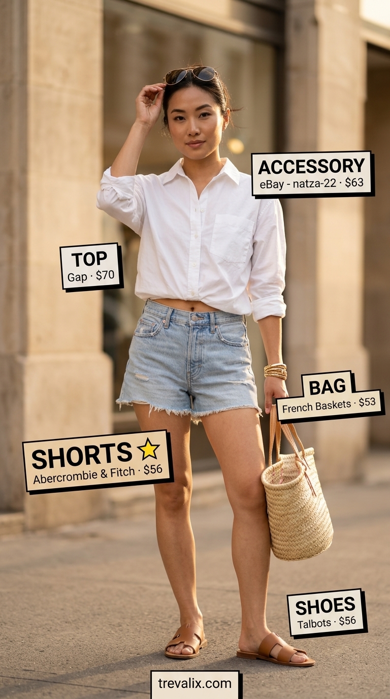 Effortless Riviera Short Outfits for Women 2026 Denim shorts outfit for women 2026: Riviera style with oversized shirt, straw tote, and slide sandals.