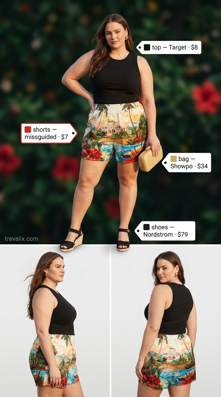 Tropical Shorts Outfit 2026: Vacation Dinner Style Short outfits summer for women 2026: Multicolor tropical print shorts, black tank, straw clutch, gold bangles, espadrilles for vacation.