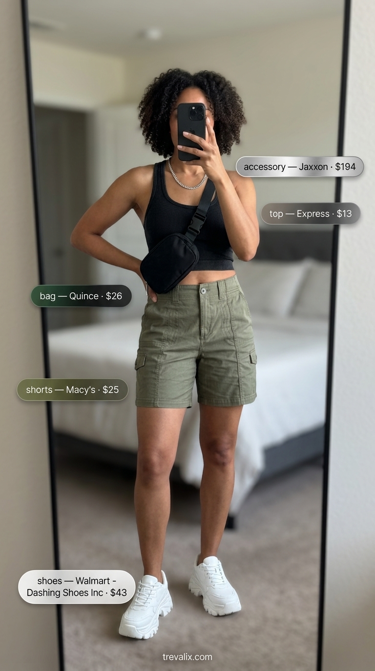 Short outfits summer for women 2026: Olive green cargo shorts, black crop top, belt bag, chunky sneakers for urban exploration.