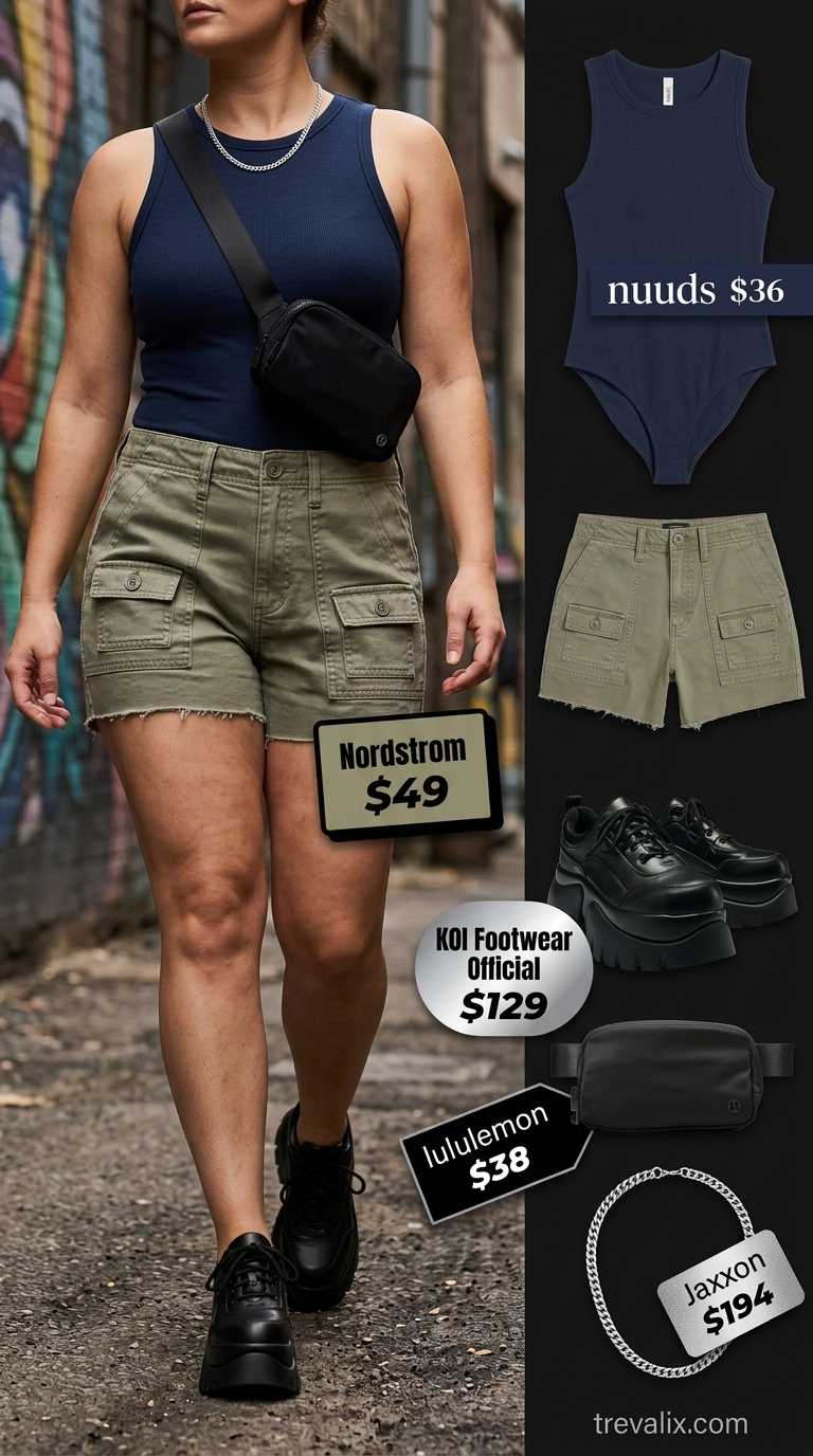 Edgy Urban Short Outfits for Women 2026 Cargo shorts outfit for women 2026: urban explorer look with bodysuit, sneakers, and belt bag.