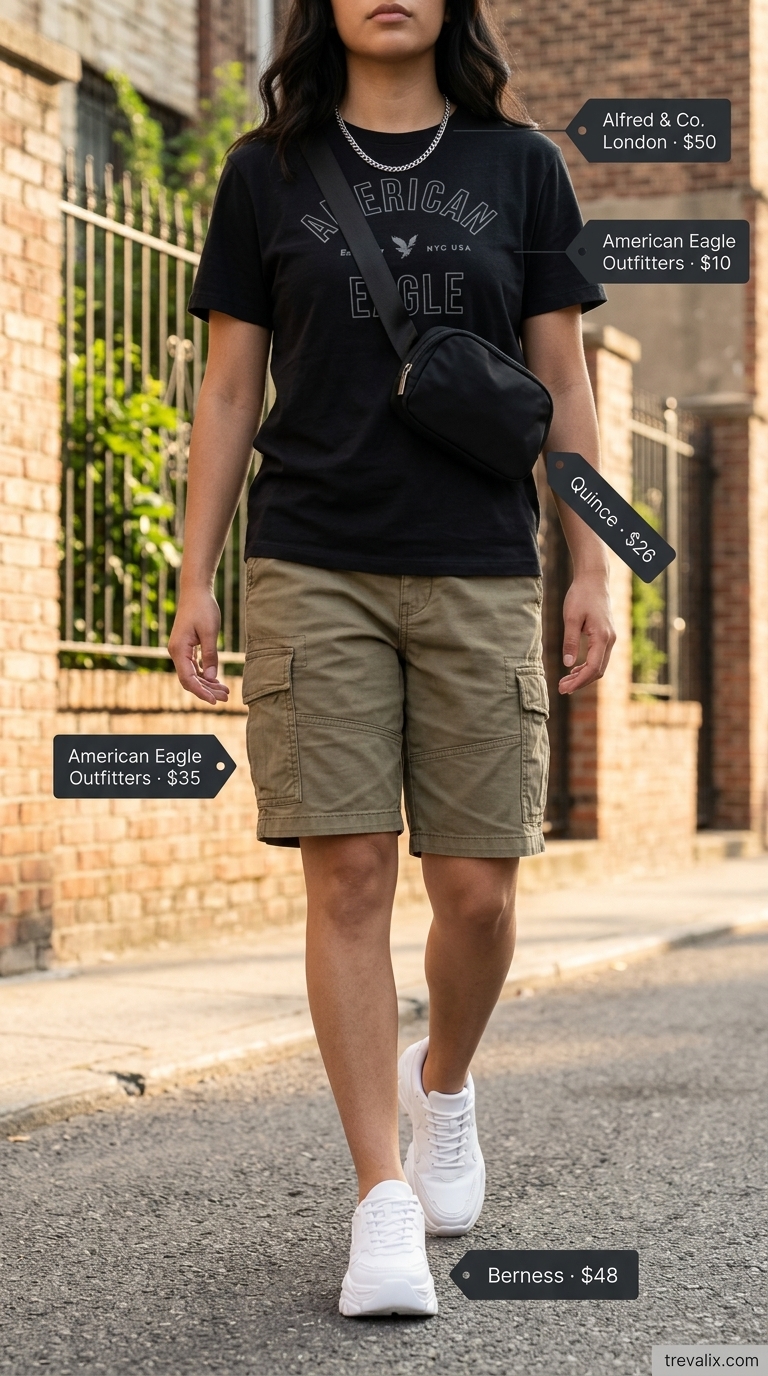 Urban Explorer Short Outfits Summer for Women 2026 Urban explorer outfit: olive cargo shorts, black graphic tee, platform sneakers, and nylon belt bag. Short outfits summer for women 2026.