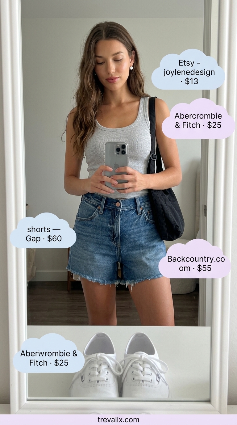 Casual Weekend Short Outfits for Women 2026 Casual denim shorts outfit for women 2026: weekend style with ribbed tank, sneakers, and crossbody bag.