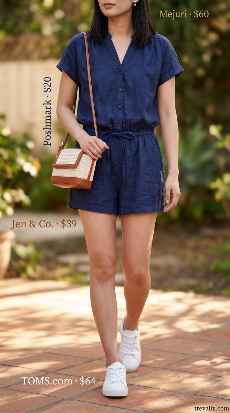 Comfortable Summer Outfits 2026: Backyard BBQ Simple casual summer outfits for women 2026: Navy romper, white sneakers, straw bag for backyard BBQs.