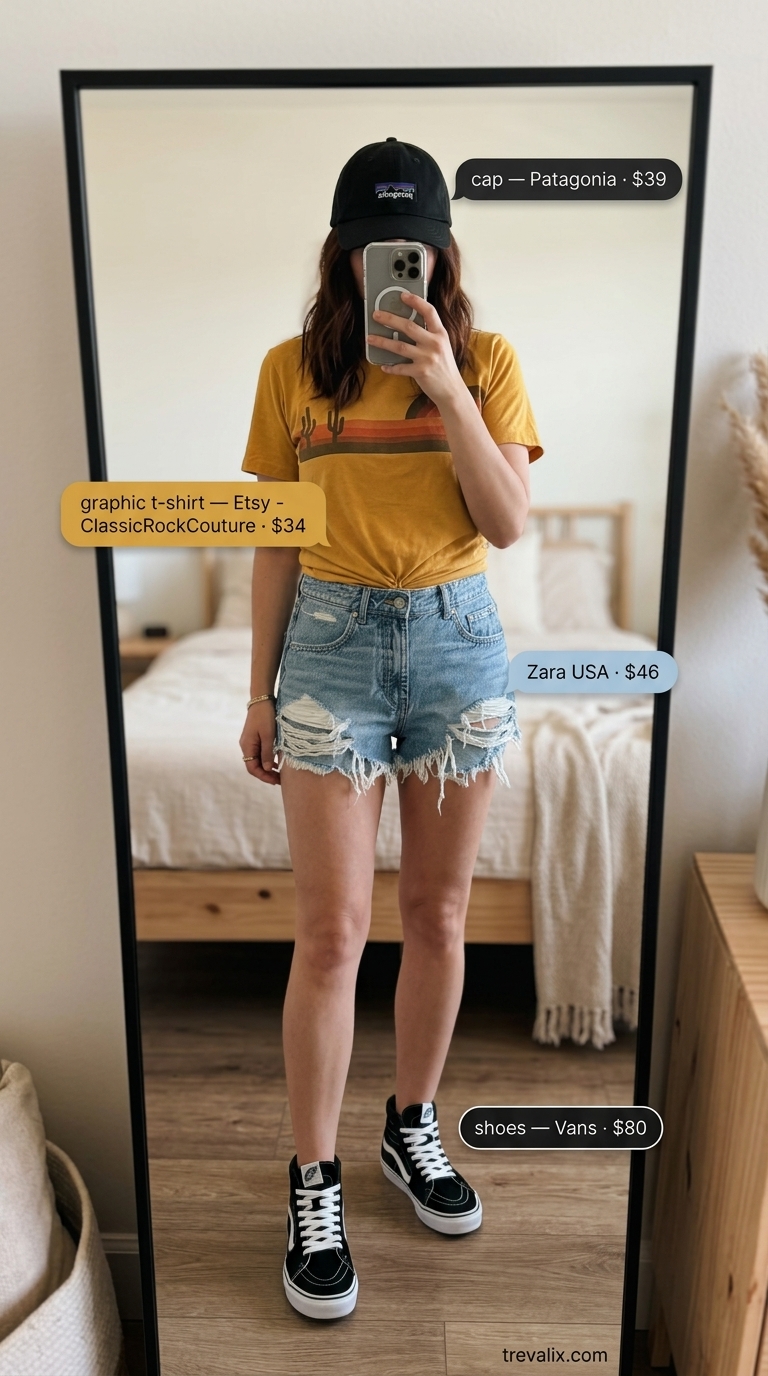 Casual Summer Outfits 2026: City Explorer Style Simple casual summer outfits for women 2026: Blue denim shorts, mustard graphic tee, black high-tops for city exploring.
