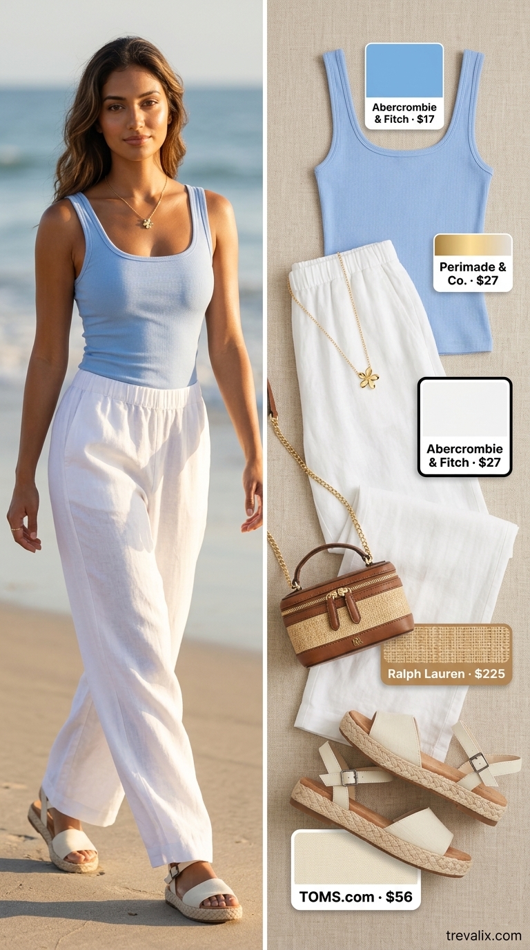Coastal Breeze Weekend Outfit 2026 Coastal Breeze Weekend outfit: white linen pants, sky blue tank, raffia bag. Simple casual summer outfits for women 2026.