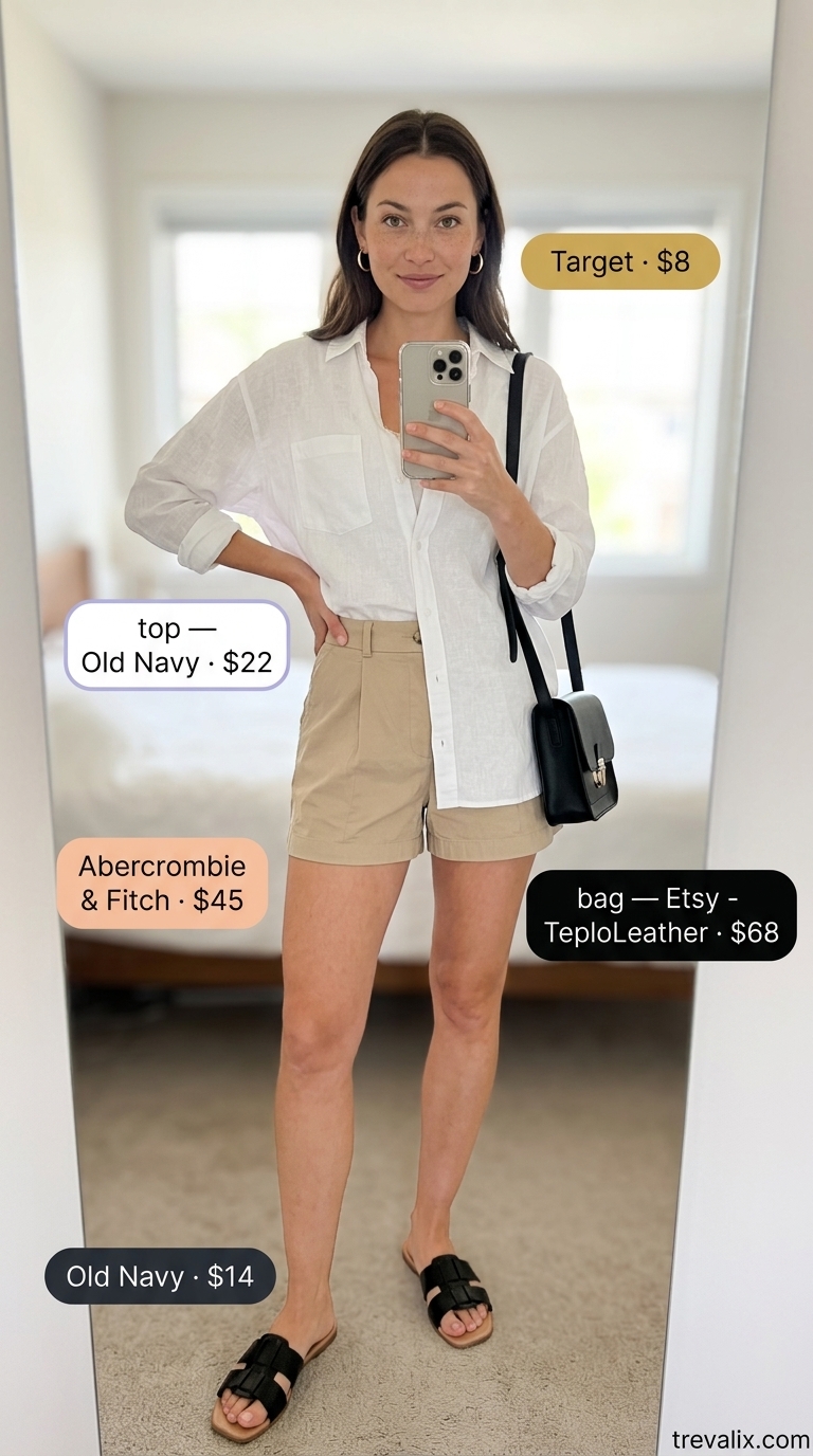 Coffee Shop Errands Outfit 2026 Coffee Shop & Errands outfit: white linen shirt, beige shorts, black crossbody. Simple casual summer outfits for women 2026.