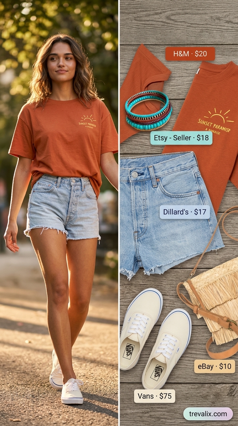 Playful Summer Outfits 2026: Denim & Daydreams Simple casual summer outfits for women 2026: Rust graphic tee, distressed denim shorts, straw bag for concerts.