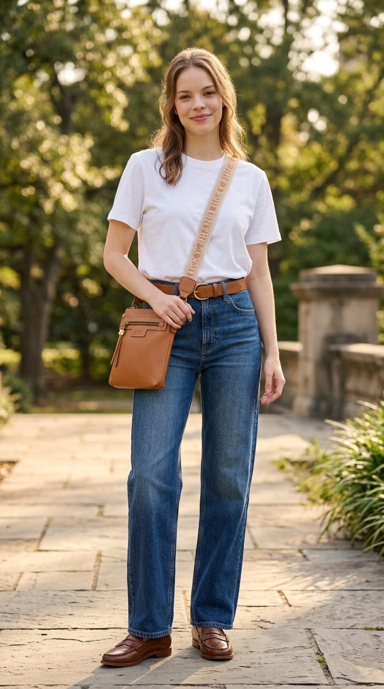Effortless Denim Outfit 2026 Everyday Effortless Denim outfit: straight leg jeans, white tee, loafers. Simple casual summer outfits for women 2026.
