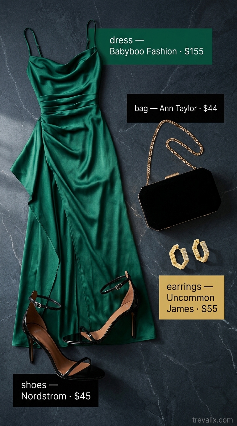 Emerald Slip Dress Outfit 2026 Emerald City Nights outfit: emerald satin slip dress, black heels, gold earrings. Simple casual summer outfits for women 2026.