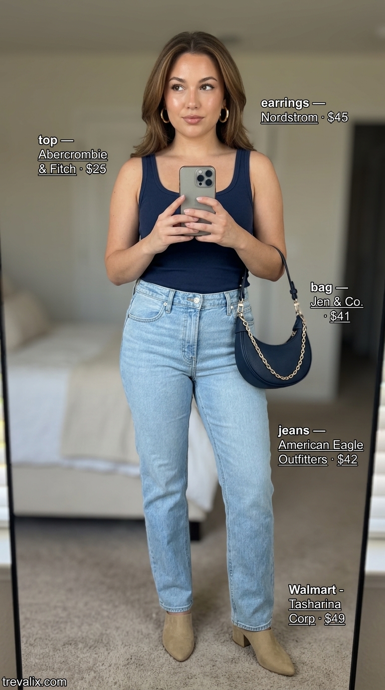 Chic Evening Outfits 2026: Patio Dinner Style Simple casual summer outfits for women 2026: Light blue jeans, navy knit top, block heels for evening dinner.