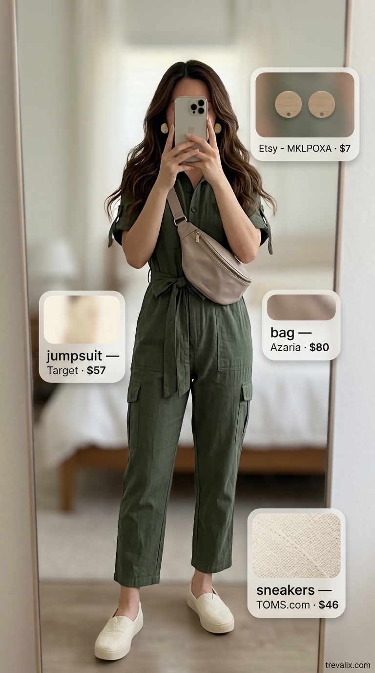 Effortless Summer Outfits 2026: Farmers Market Simple casual summer outfits for women 2026: Olive green utility jumpsuit with cream sneakers for markets.