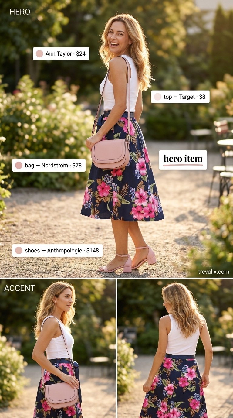 Floral Midi Skirt Picnic Outfit 2026 Blush & Blooms Picnic outfit: floral midi skirt, white knit top, pink bag. Simple casual summer outfits for women 2026.