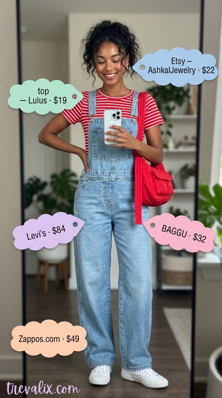 Nostalgic Summer Outfits 2026: Garden Gathering Simple casual summer outfits for women 2026: Denim overalls, striped tee, red crossbody for garden parties.
