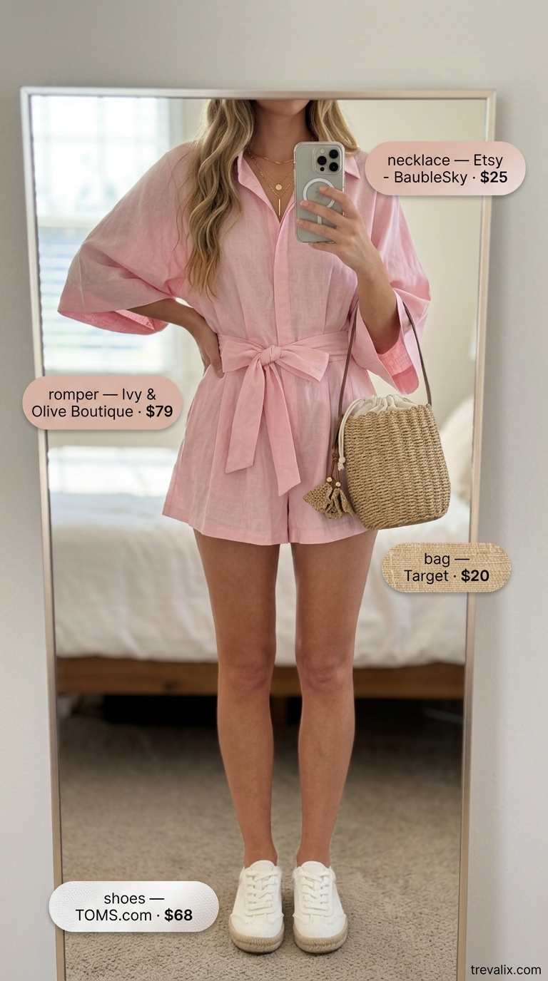 Boho Summer Outfits 2026: Lakeside Getaway Simple casual summer outfits for women 2026: Blush pink linen romper with white espadrilles for lakeside trips.