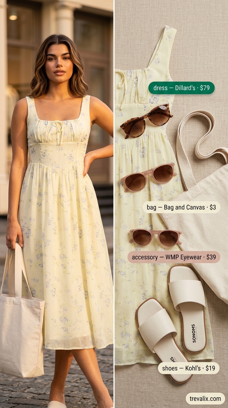 Sweet Summer Outfits 2026: Market Day Charm Simple casual summer outfits for women 2026: Yellow floral dress, canvas tote, flat sandals for market day.