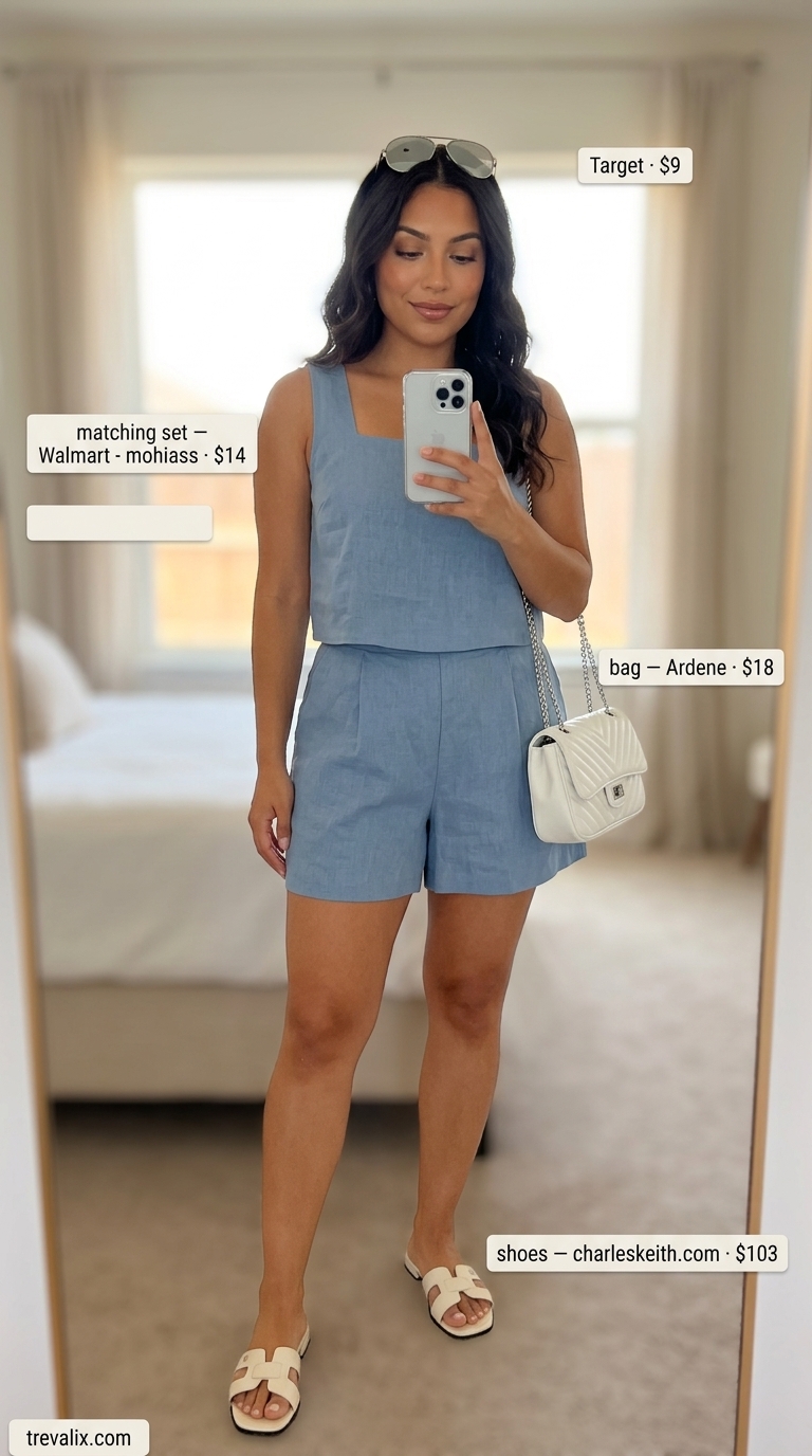Summer Vacation Outfits 2026: Poolside Luxe Simple casual summer outfits for women 2026: Sky blue linen crop top & shorts set with white slides for poolside.