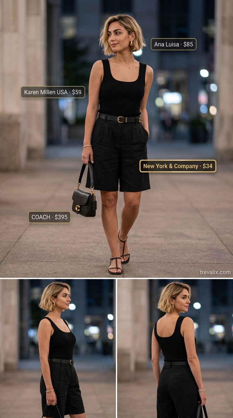 Safari Chic Shorts Outfit 2026 Safari Chic Evening outfit: khaki linen shorts, black knit top, gold jewelry. Simple casual summer outfits for women 2026.