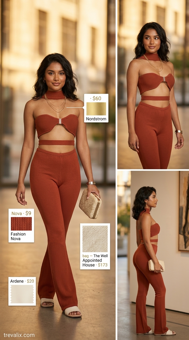 Chic Summer Outfits 2026: Terracotta Sunset Simple casual summer outfits for women 2026: Terracotta knit set with straw clutch for elevated casual events.