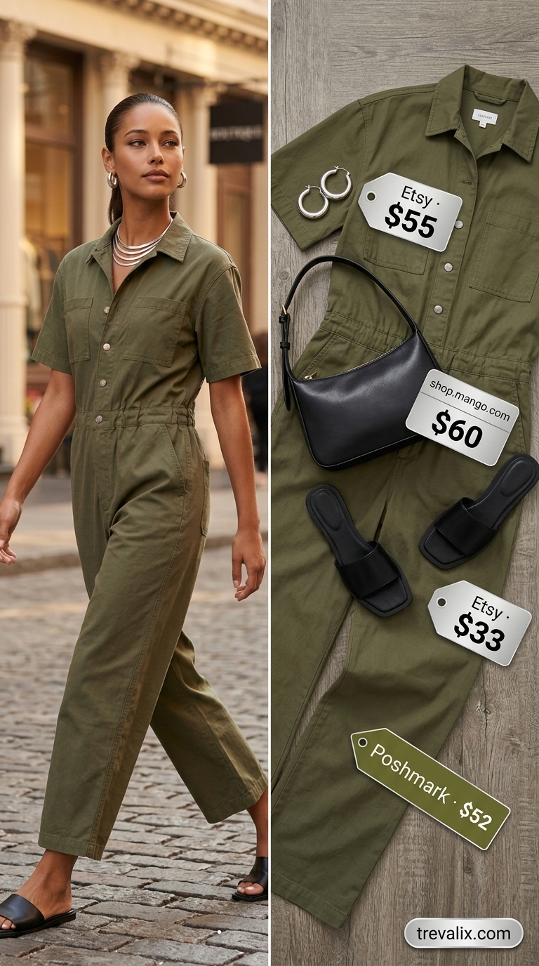 City Explorer Jumpsuit 2026 City Explorer Jumpsuit outfit: olive utility jumpsuit, black sandals, silver hoops. Simple casual summer outfits for women 2026.
