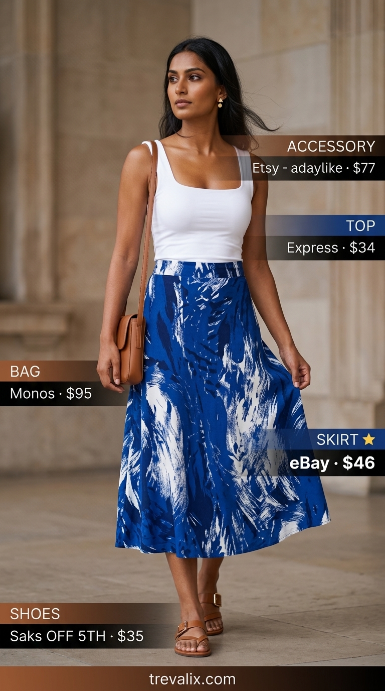 Abstract print midi skirt with white tank for simple casual summer outfits for women 2026. Art gallery afternoon style.