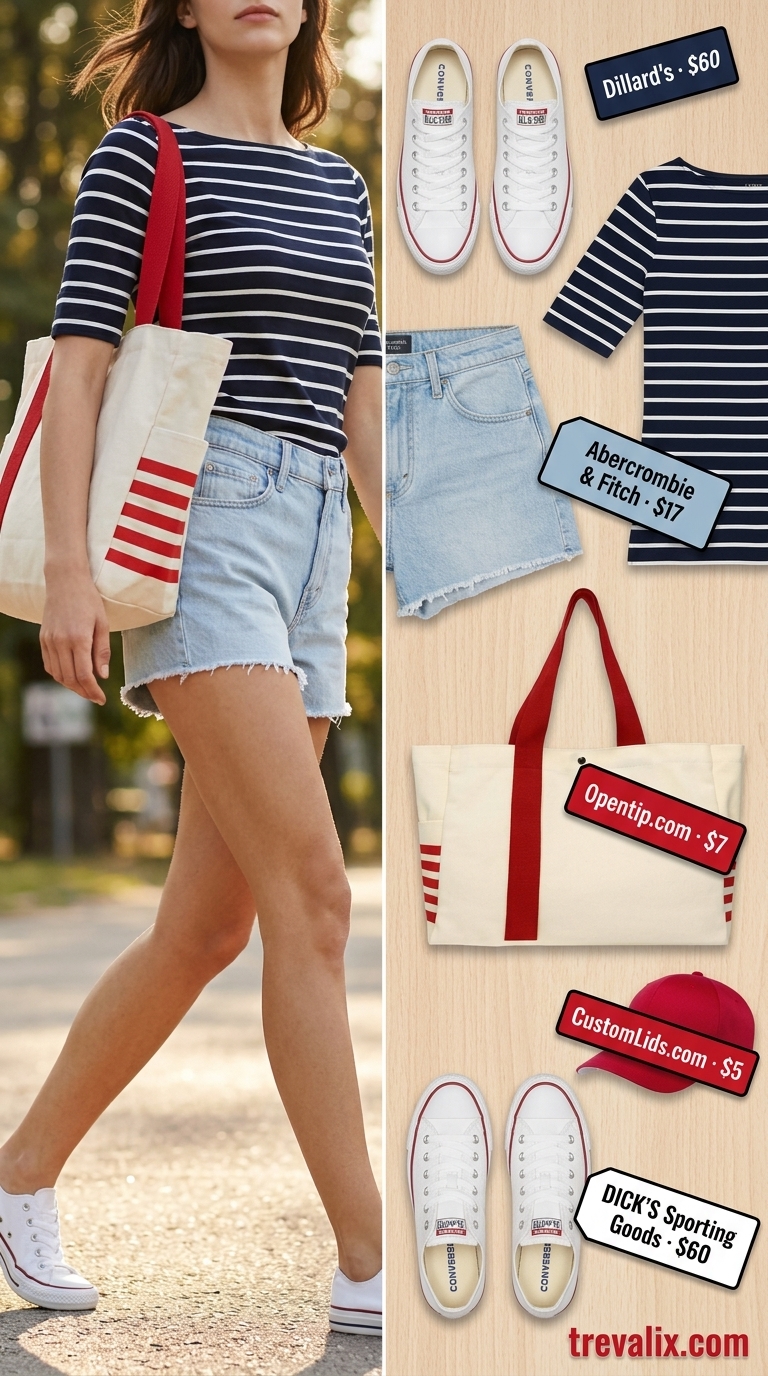 Simple Casual Summer Outfits for Women 2026: Denim Shorts Light wash denim shorts and striped tee for simple casual summer outfits for women 2026. Weekend park picnic style.
