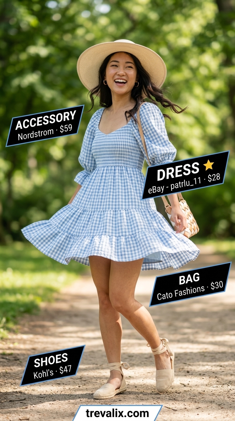 Simple Casual Summer Outfits for Women 2026: Lakeside Dress Sky blue gingham sundress with puff sleeves, perfect for simple casual summer outfits for women 2026. Style with espadrilles.