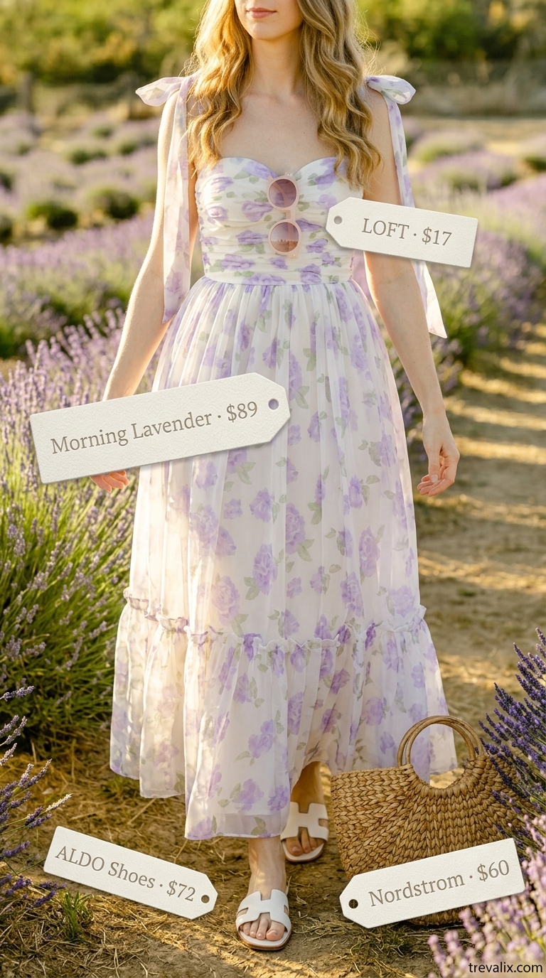 Simple Casual Summer Outfits for Women 2026: Lavender Sundress Soft lavender cotton sundress with white sandals for simple casual summer outfits for women 2026. Sunny park picnic style.