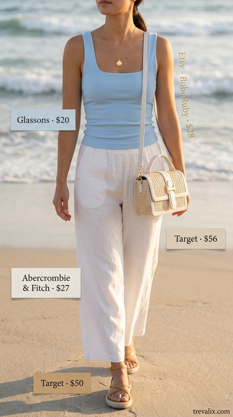 Simple Casual Summer Outfits for Women 2026: Linen Pants Off-white linen pants and light blue tank top for simple casual summer outfits for women 2026. Beachside brunch style.