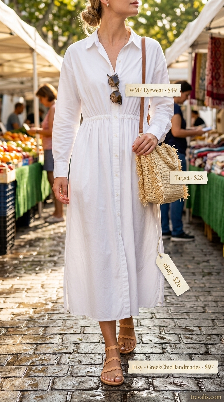 Simple Casual Summer Outfits for Women 2026: Maxi Shirt Dress White cotton maxi shirt dress with tan sandals for simple casual summer outfits for women 2026. Beach town coffee run style.