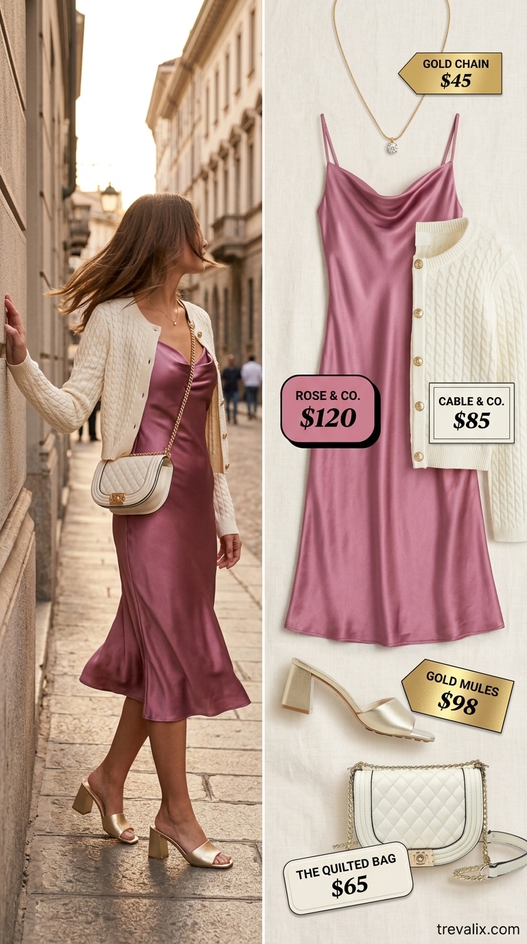 Simple Casual Summer Outfits for Women 2026: Satin Slip Dress Dusty rose satin slip dress with gold heels for simple casual summer outfits for women 2026. Sunset alfresco dinner style.
