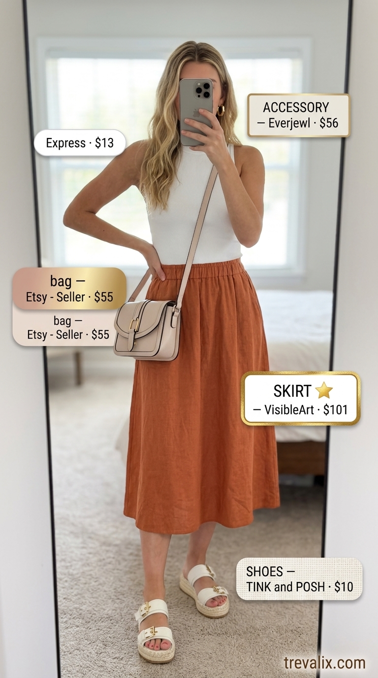 Simple Casual Summer Outfits for Women 2026: Terracotta Midi Skirt Terracotta midi skirt with white mock neck top for simple casual summer outfits for women 2026. Artsy cafe visit style.