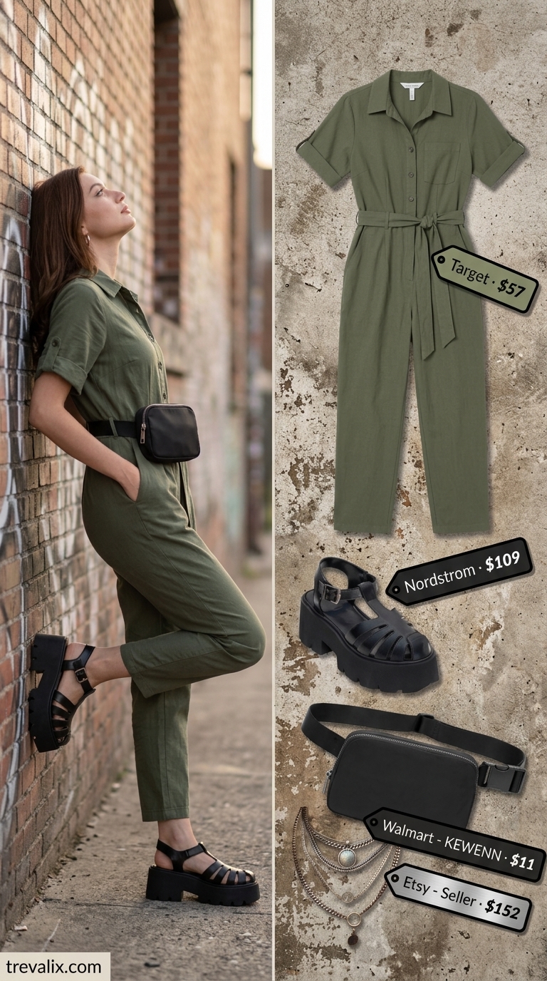 Simple Casual Summer Outfits for Women 2026: Utility Jumpsuit Olive green utility jumpsuit with black sandals for simple casual summer outfits for women 2026. Urban explorer style.