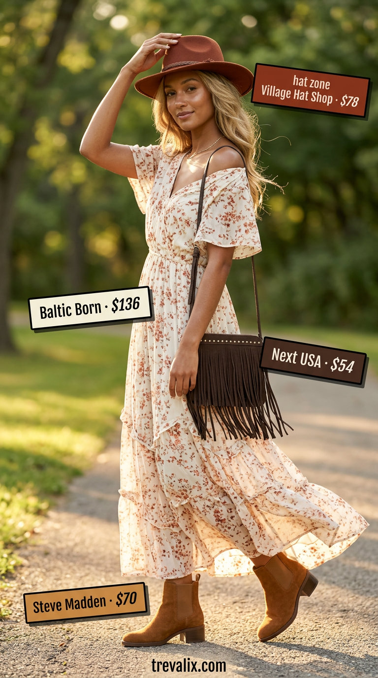 Slouchy oversized summer outfit for women 2026: Boho maxi dress, wide-brim hat, suede boots.
