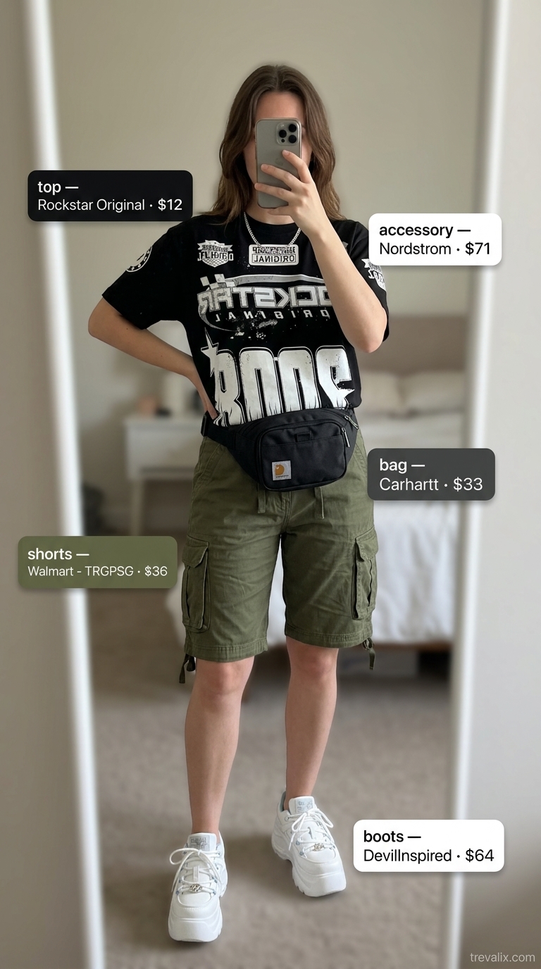 Olive green cargo shorts, a slouchy oversized summer outfit for women 2026, for streetwear and concerts.