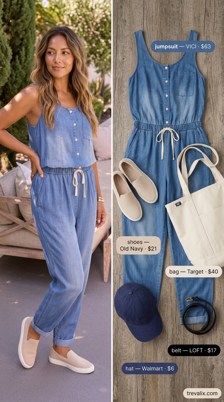 Slouchy oversized summer outfit for women 2026: Denim jumpsuit, canvas sneakers, oversized tote.