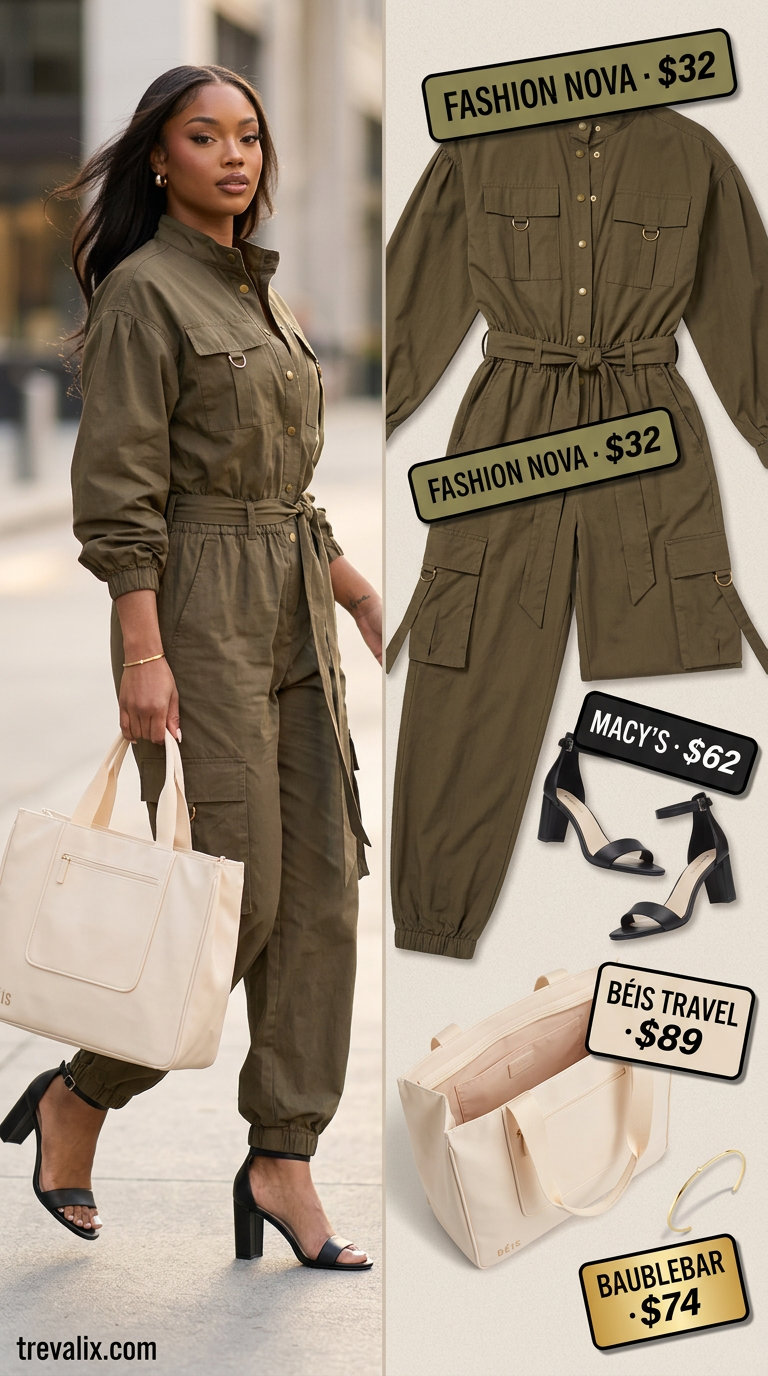 Olive green utility jumpsuit, a slouchy oversized summer outfit for women 2026, for smart casual events.
