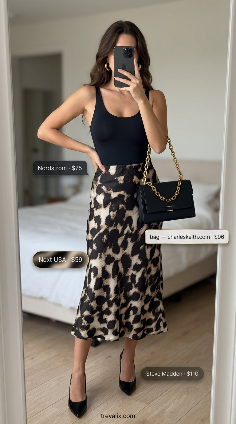 Slouchy oversized summer outfit for women 2026: Leopard midi skirt, black bodysuit, stiletto heels.