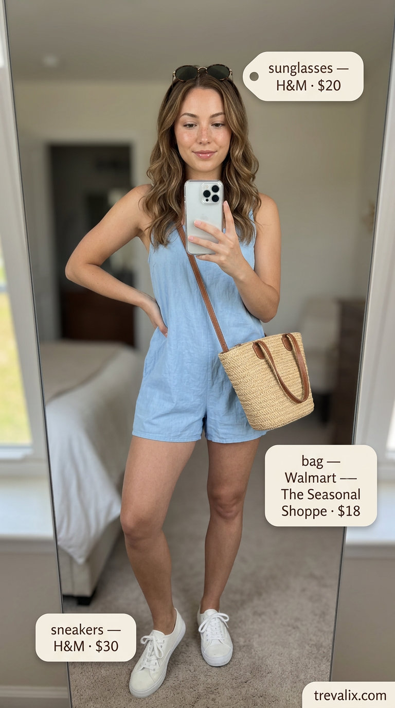 Slouchy oversized summer outfit for women 2026: Light blue romper, straw bag, white sneakers.