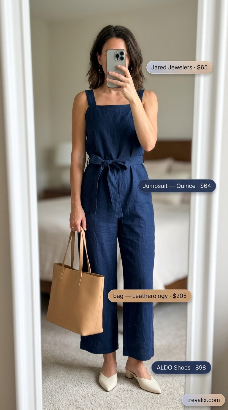 Slouchy oversized summer outfit for women 2026: Navy linen jumpsuit, white mules, structured tote.