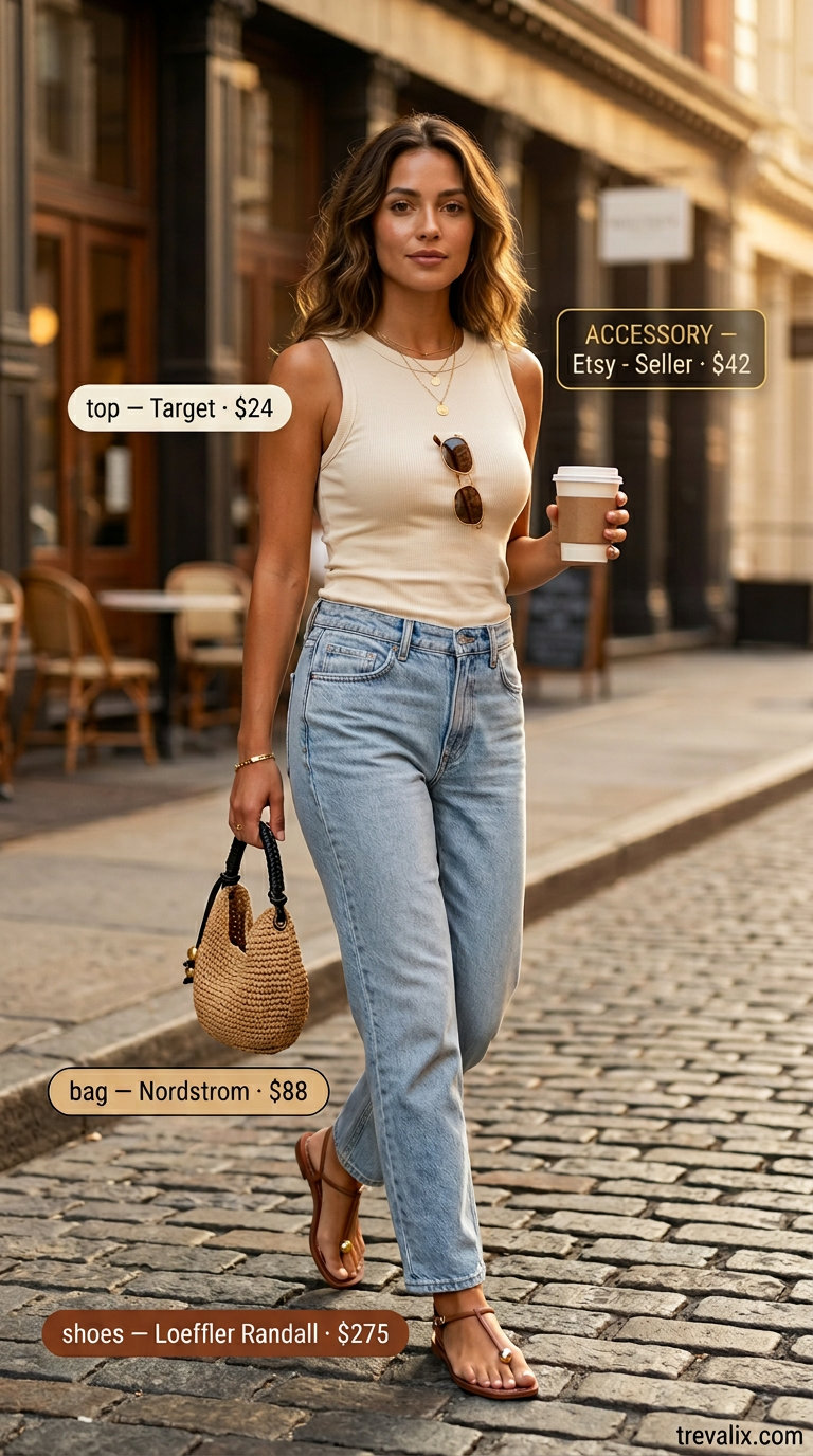 Slouchy oversized summer outfit for women 2026: Sage green linen pants, cream tank, tan sandals, straw bag.