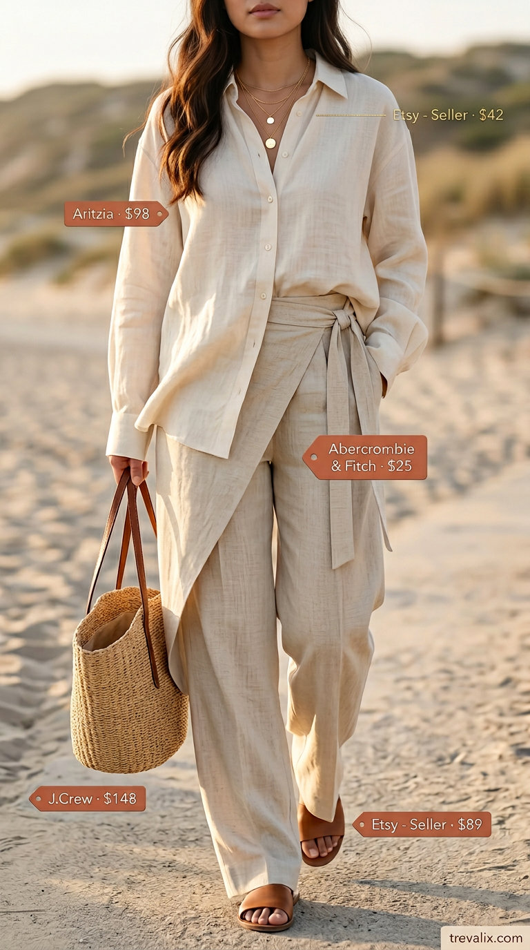 Cream linen shirt and pants, a slouchy oversized summer outfit for women 2026, for beach days and brunch.