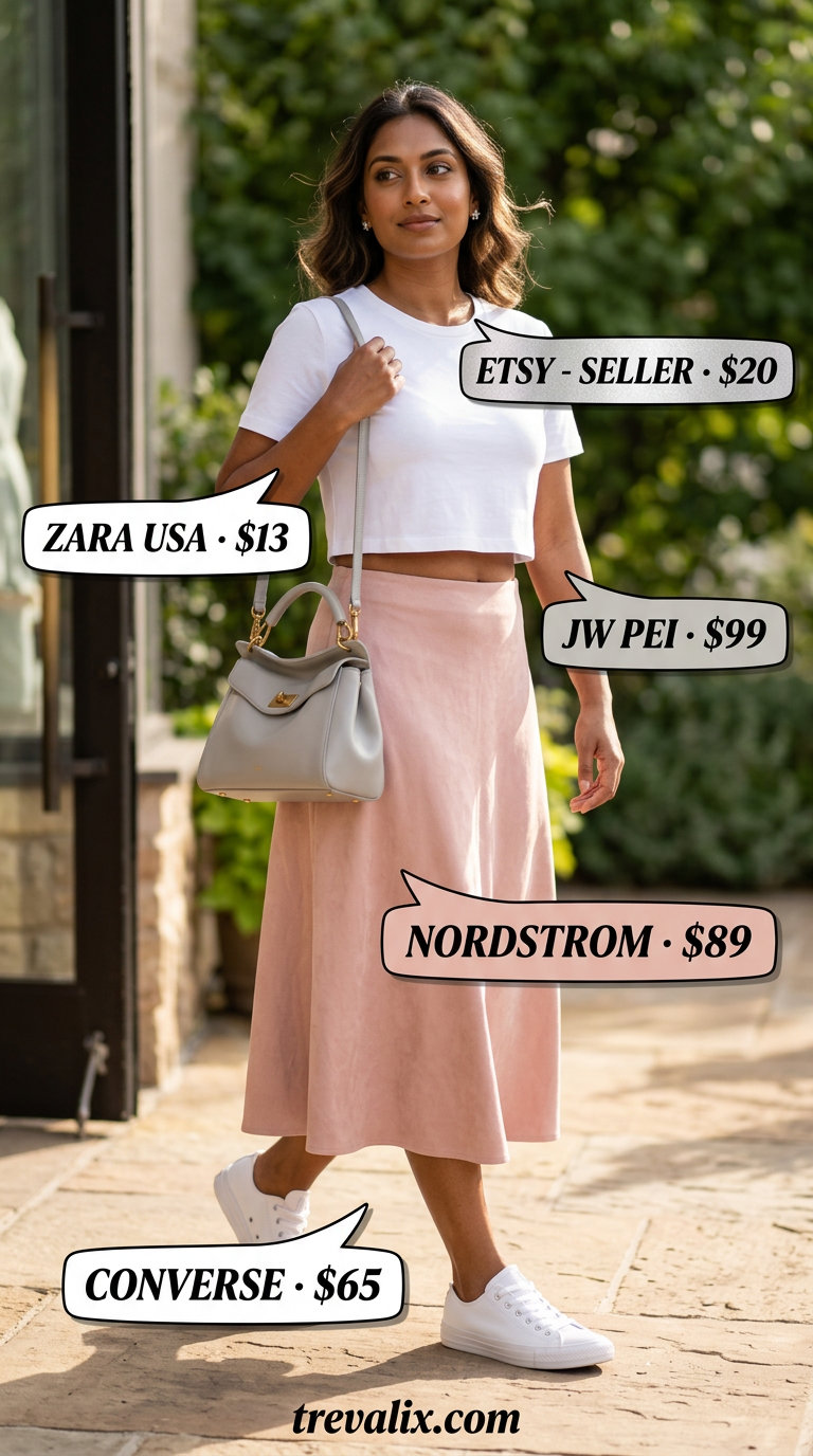 Pink midi skirt, a slouchy oversized summer outfit for women 2026, for casual dates and shopping.