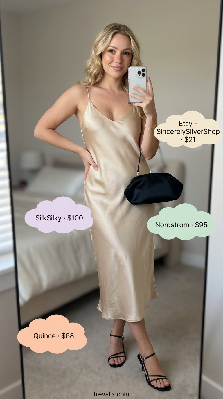 Slouchy oversized summer outfit for women 2026: Champagne slip dress, strappy heels, gold jewelry.