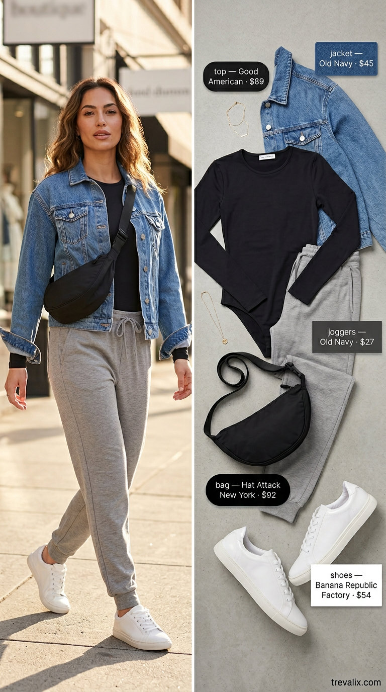 Slouchy oversized summer outfit for women 2026: Grey joggers, blue denim jacket, white sneakers for errands.