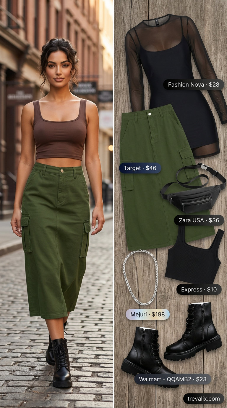 Slouchy oversized summer outfit for women 2026: Olive cargo skirt, black crop top, combat boots for city.