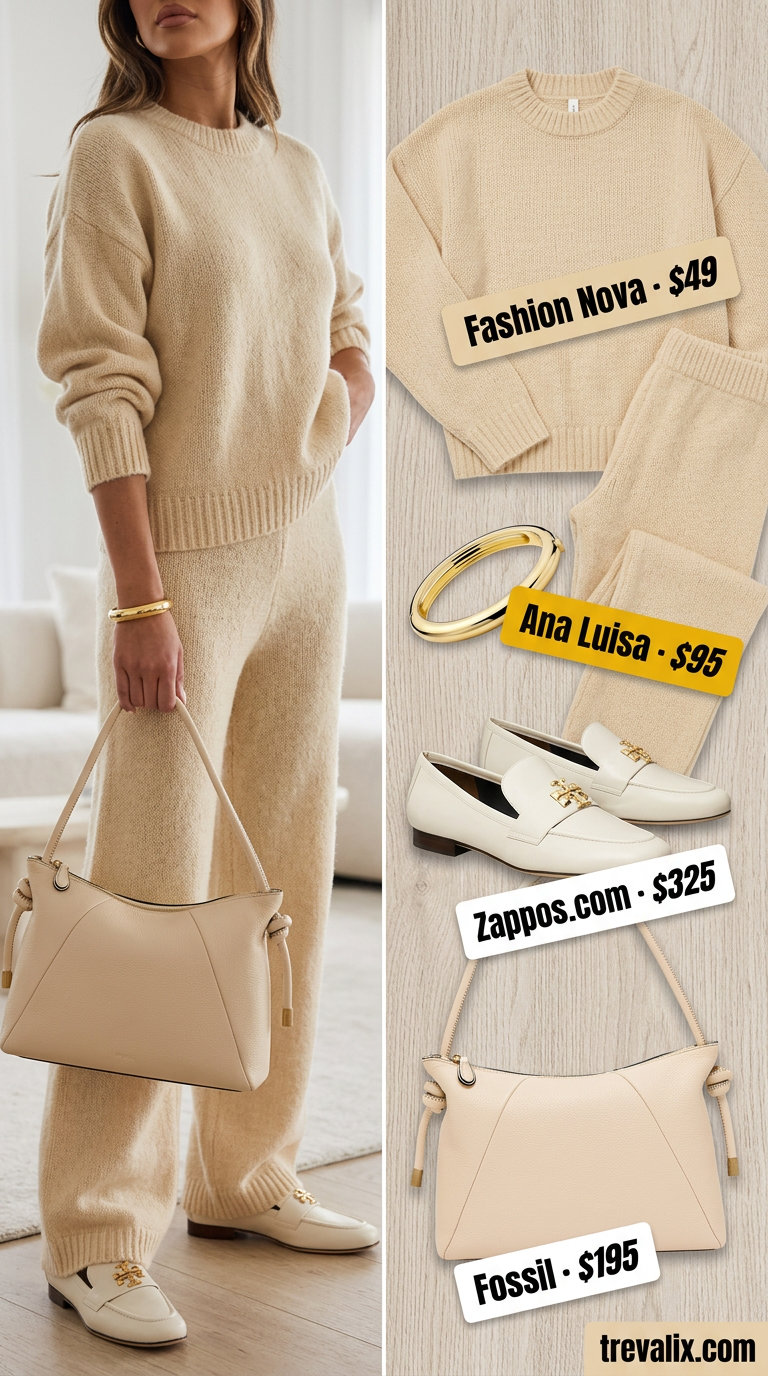 Slouchy oversized summer outfit for women 2026: Beige knit set, cream shoulder bag, gold bangle for cozy day.