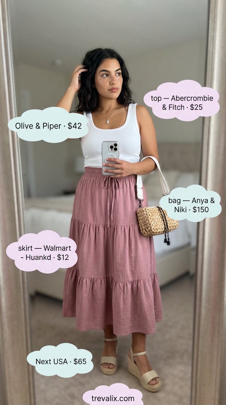 Slouchy oversized summer outfit for women 2026: Blush pink midi skirt, white tank, espadrilles for dinner.