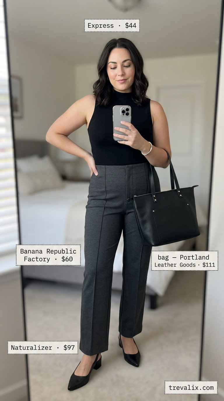 Slouchy oversized summer outfit for women 2026: Charcoal trousers, black turtleneck, pumps for office.